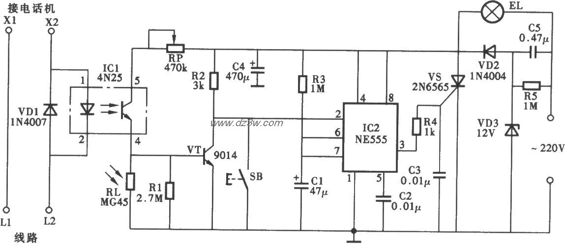 光耦合电话自控灯电路电路图