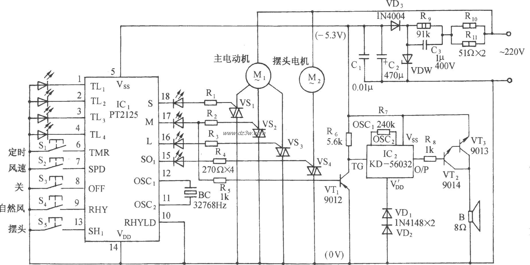 用PT2125的多功能电风扇电路图