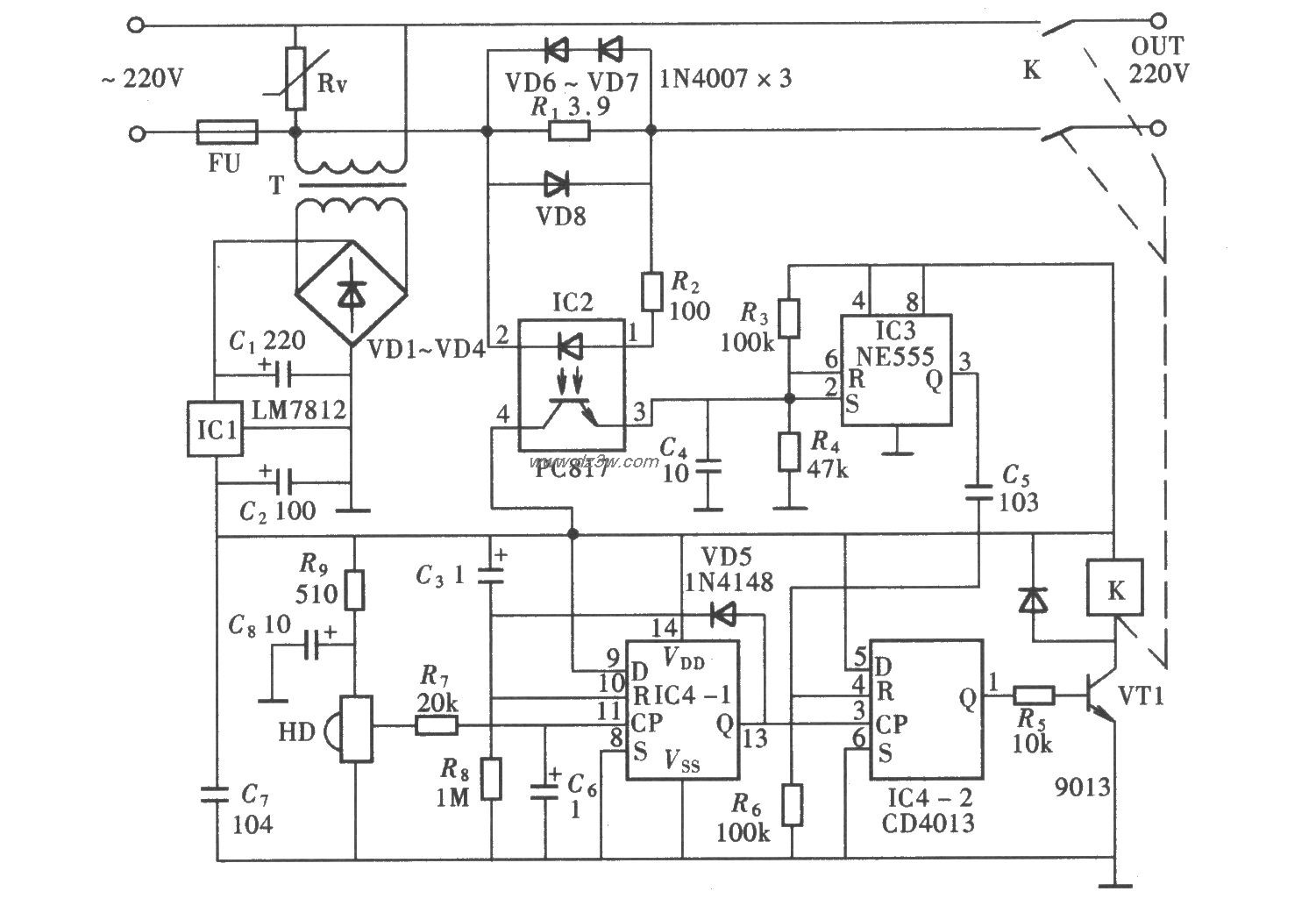 由CD4013、NE555组成的家电路图