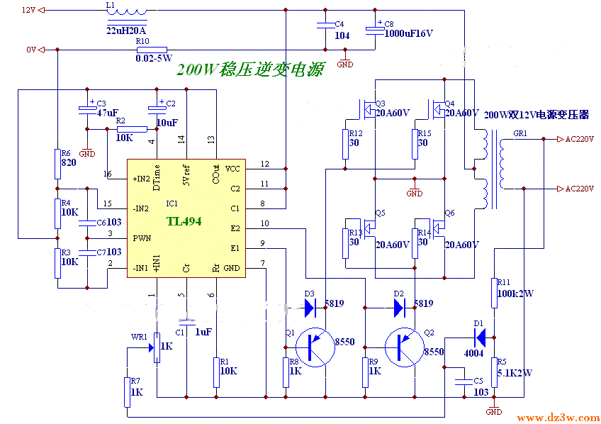 TL494组成的200W逆变器电路图