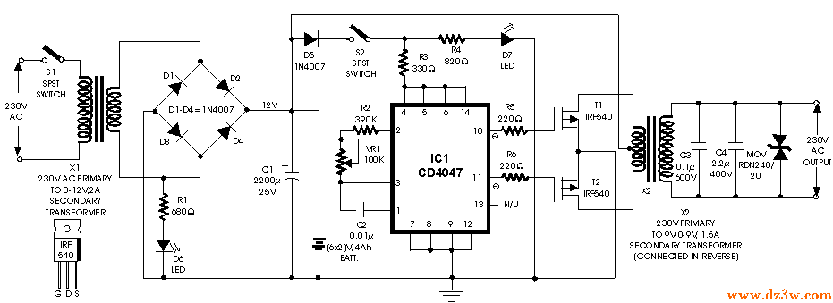CD4047组成的12V转220V逆电路图