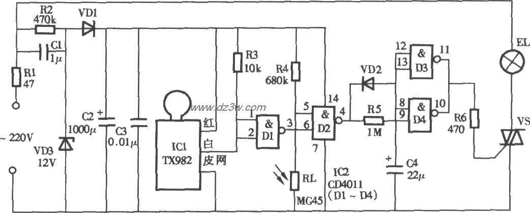 采用TX928微波探测照明灯电路图