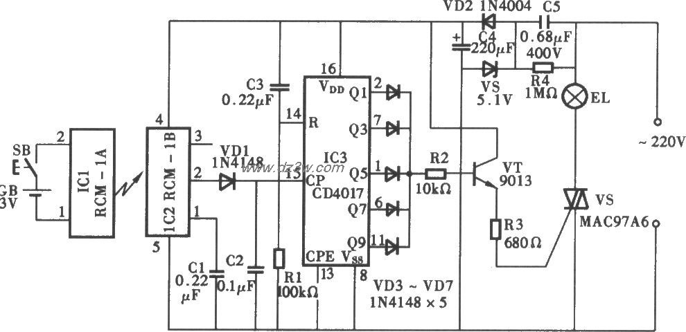 采用RCM-1A/1B无线电遥控电路图