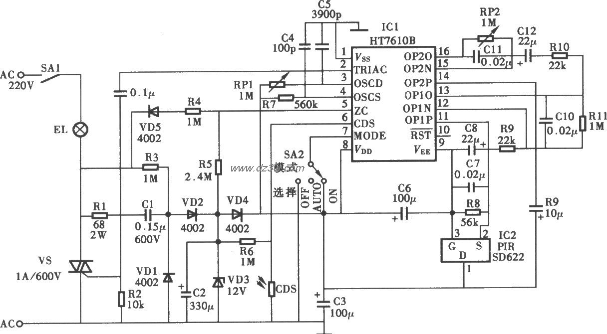 采用HT76108热释电红外控电路图