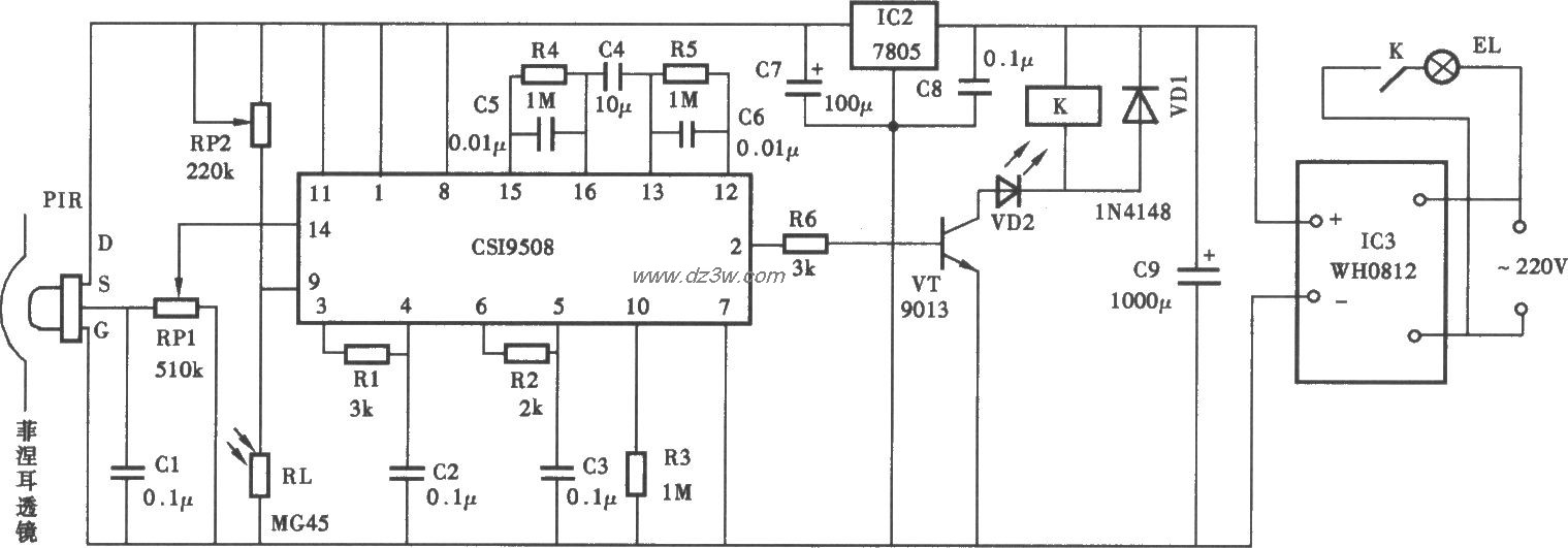 采用CSl9508热释电红外控电路图