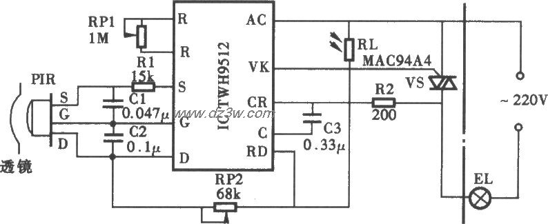 采用TWH9512热释电红外控电路图
