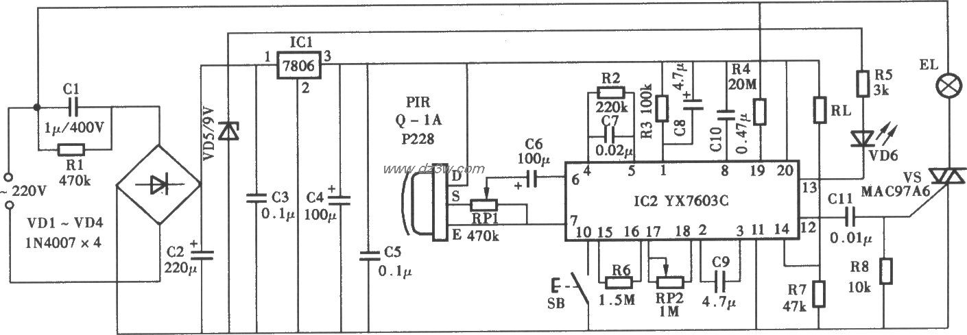 采用YX7603C热释电红外控电路图