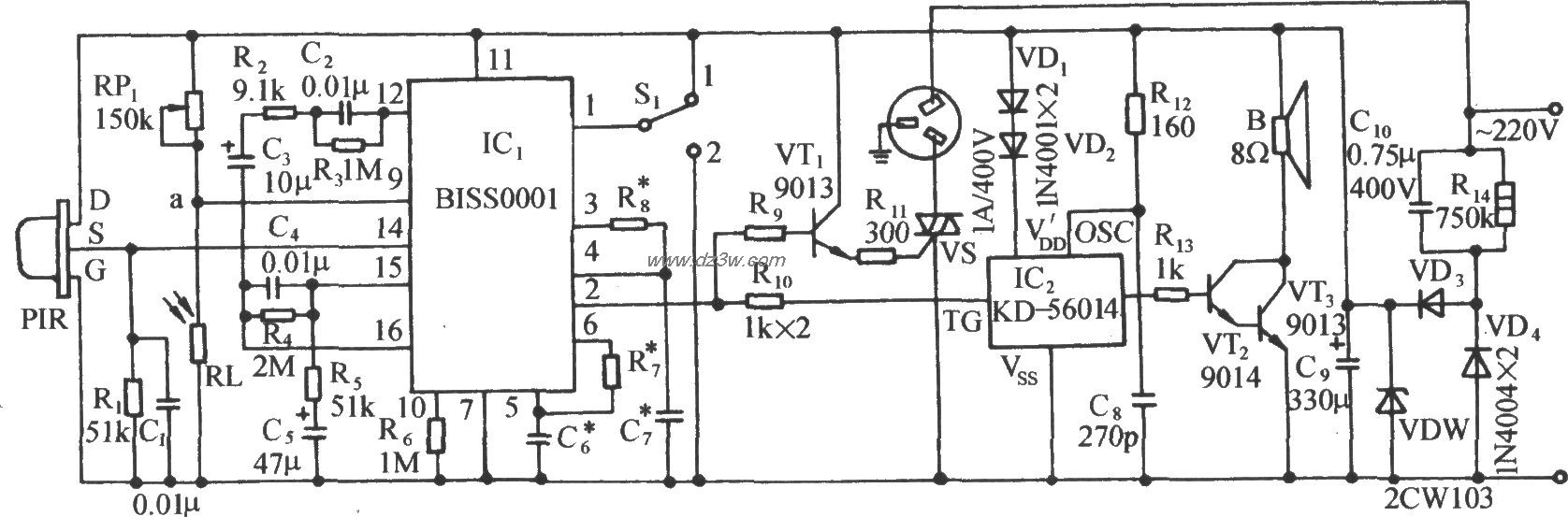 用BISS0001的红外传感夜电路图