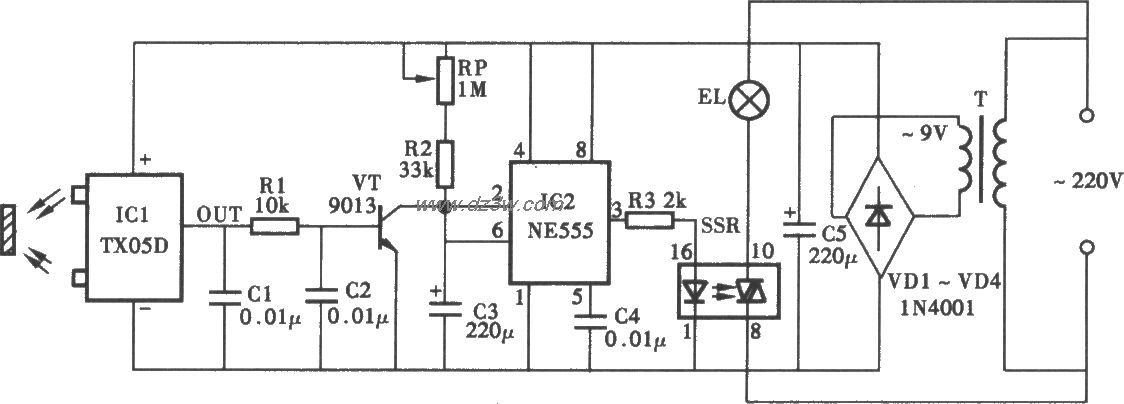 采用TX05D的红外线遥控照电路图