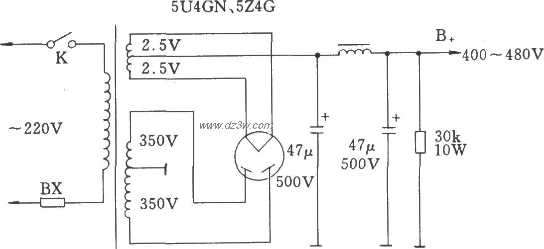 直热式整流电子管灯丝带电路图