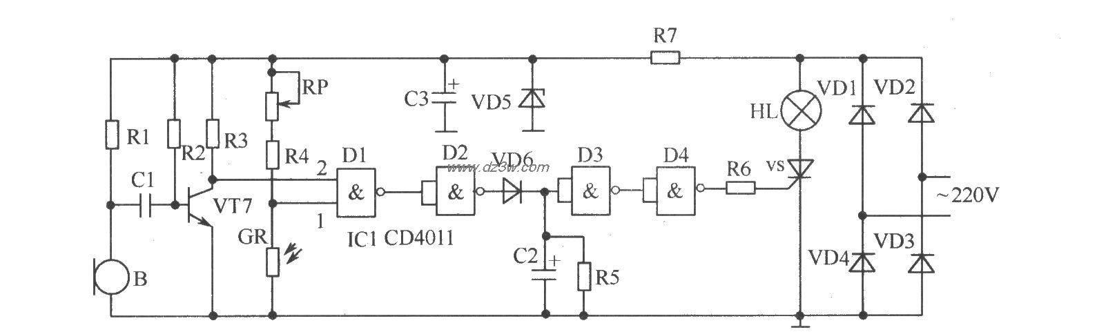 声光双控延迟节电照明灯电路图