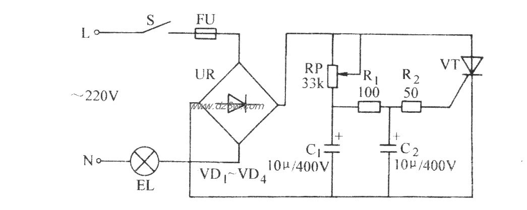 普通晶闸管调光电路电路图