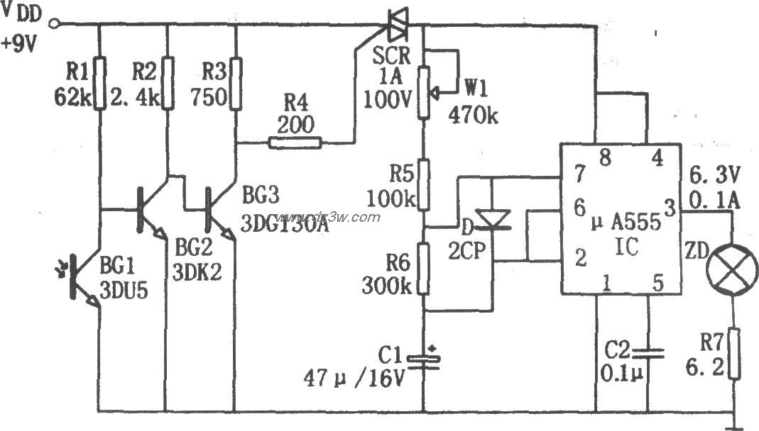 μA555构成的夜间自动显电路图