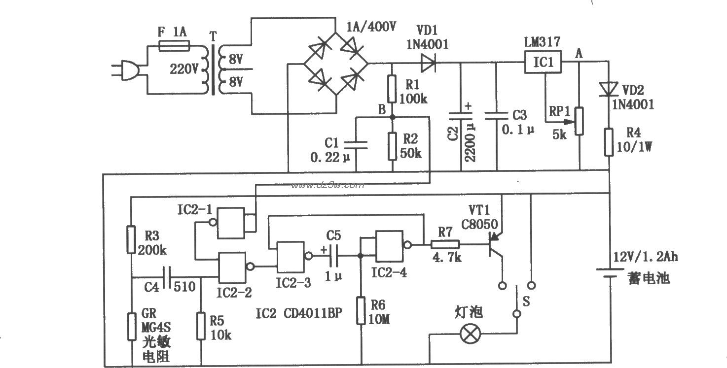 全自动多用途应急灯电路电路图