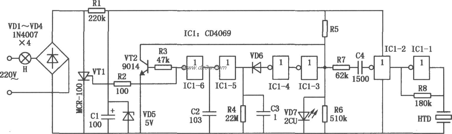 CD4069组成的照明灯节能电路图