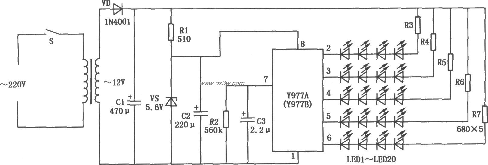 由Y977A／B构成的装饰灯电路图