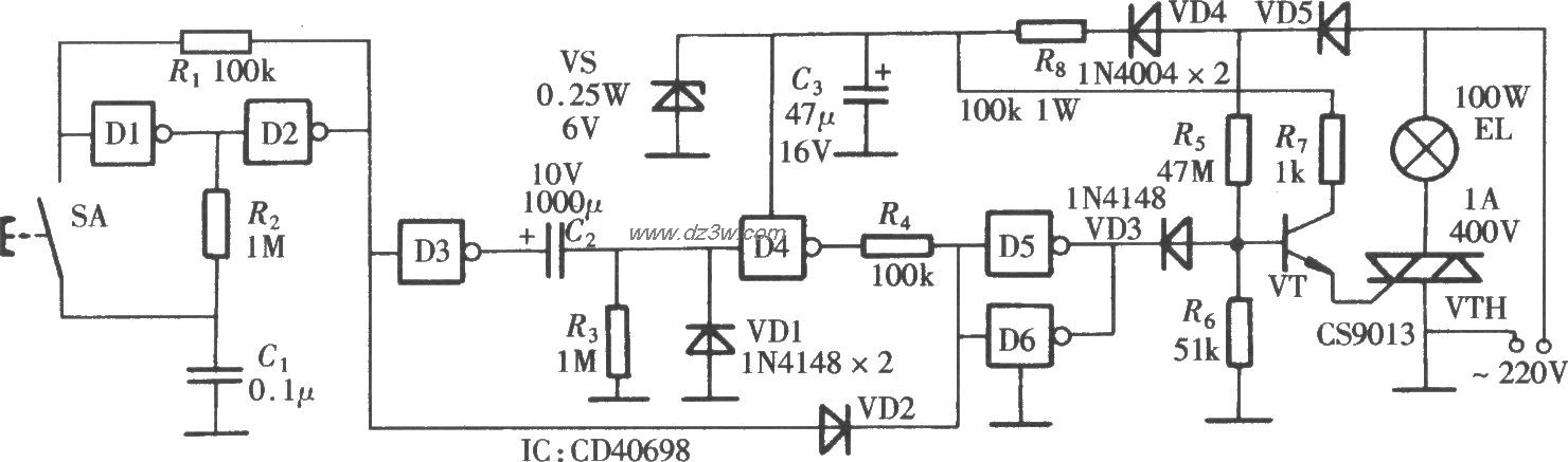 门电路组成的床头延时灯电路图