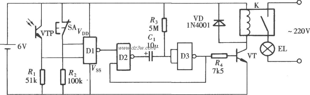 门控延时照明灯电路电路图