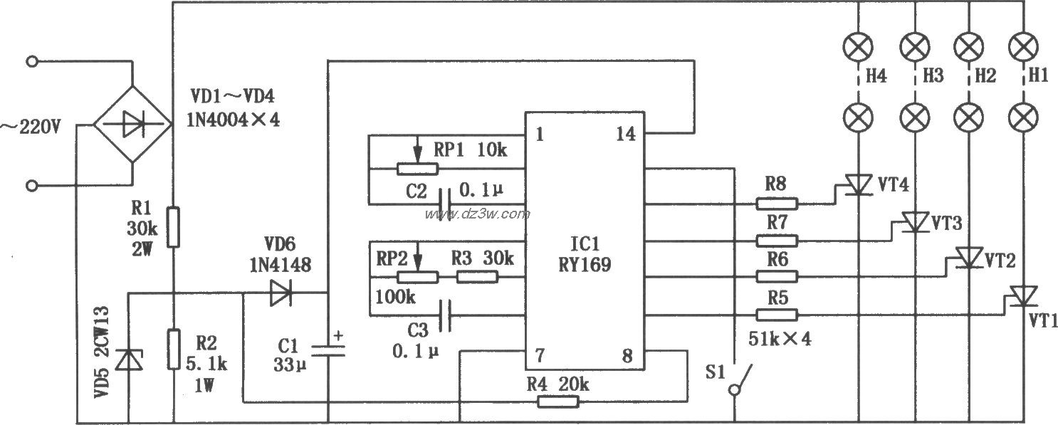 RY169构成的节日闪烁彩灯电路图