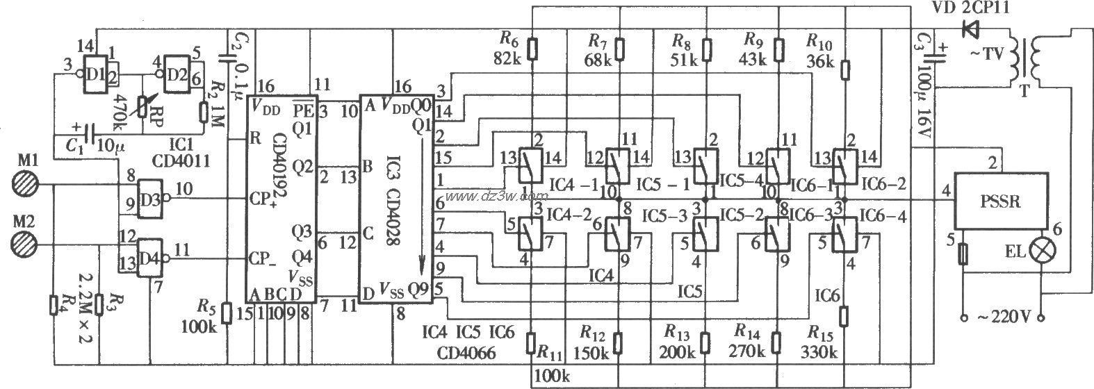 由CD4028组成的触摸式电电路图