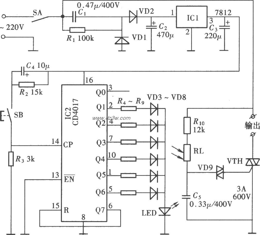 按键式手控调光调速电路电路图