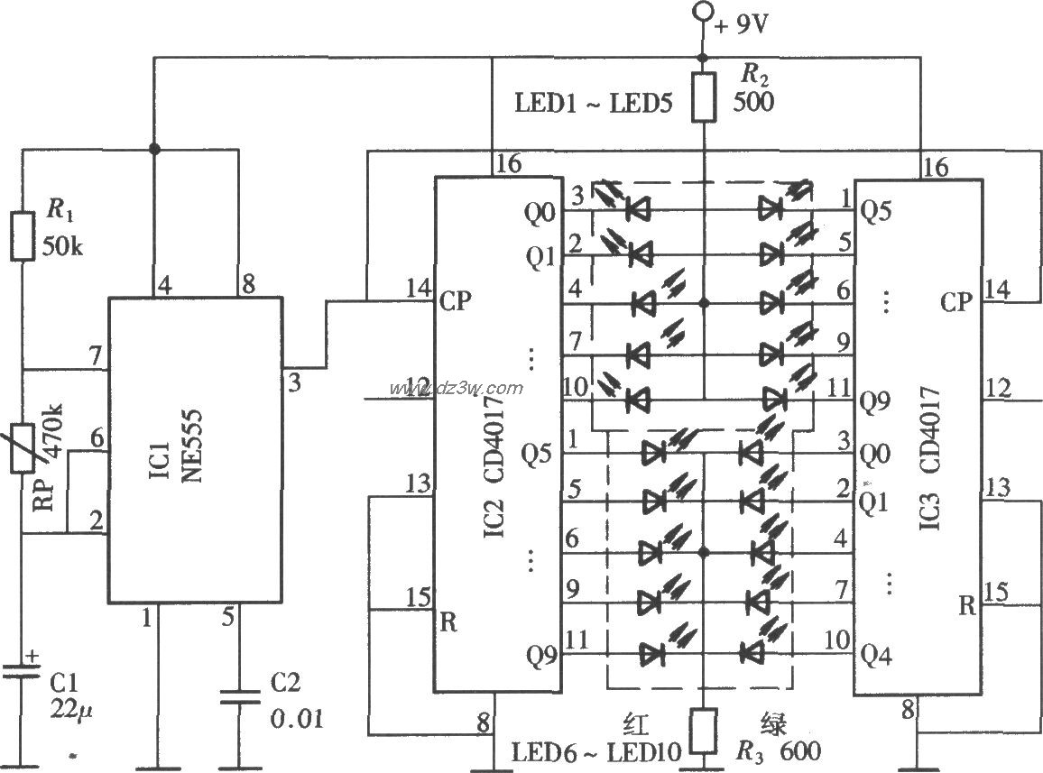 由NE555、CD4017组成的双电路图