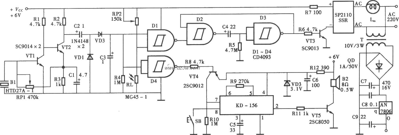 声光控制的门灯，门铃电电路图