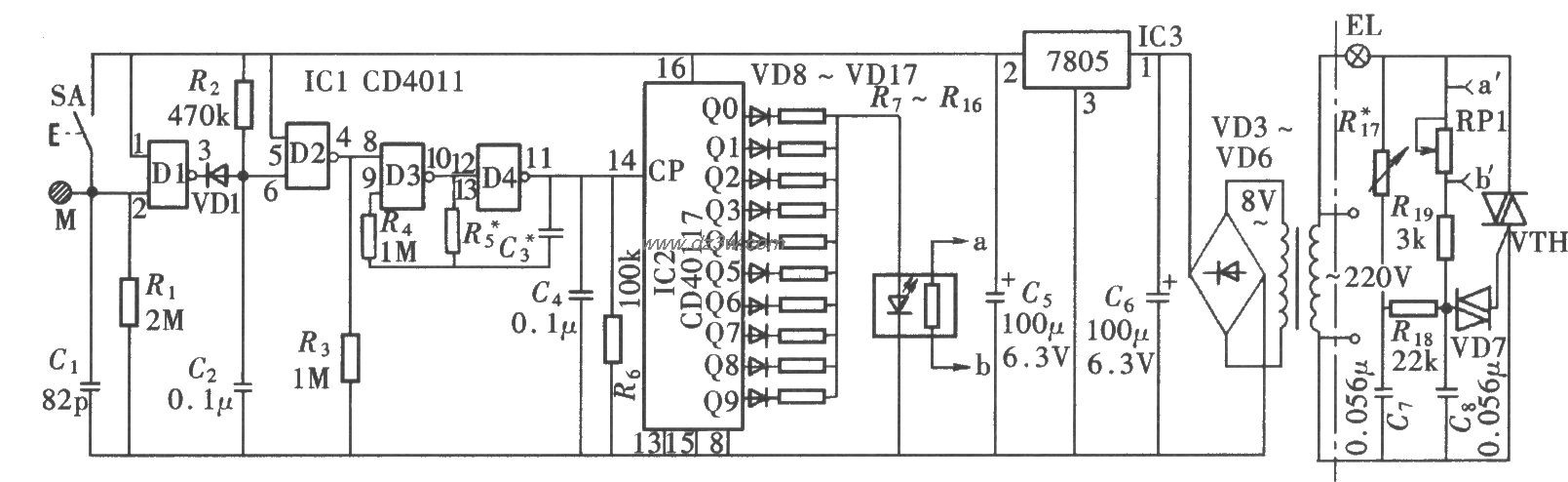触摸数控式调光灯(CD401电路图