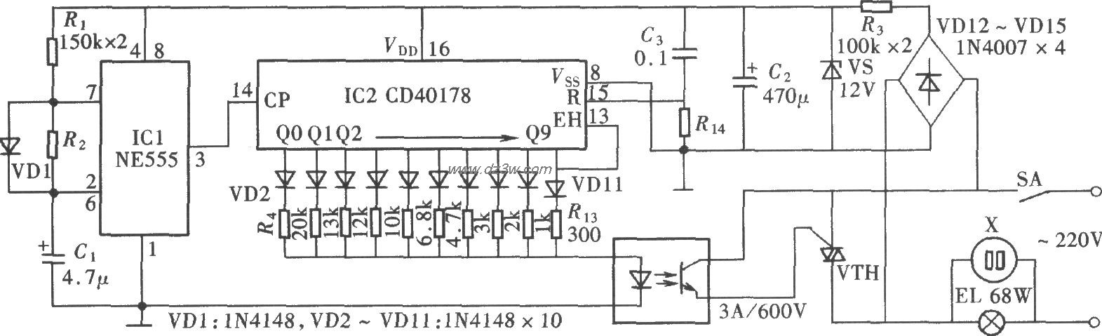 自动步进调光台灯(NE555电路图