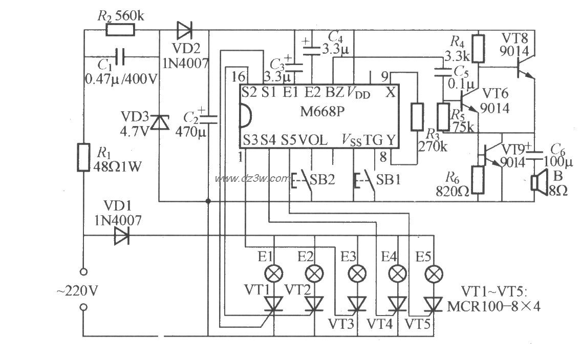 带音乐的五路闪烁灯串电电路图