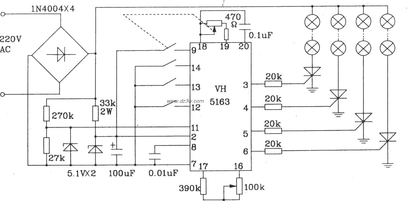 VH5163彩灯控制集成电路电路图