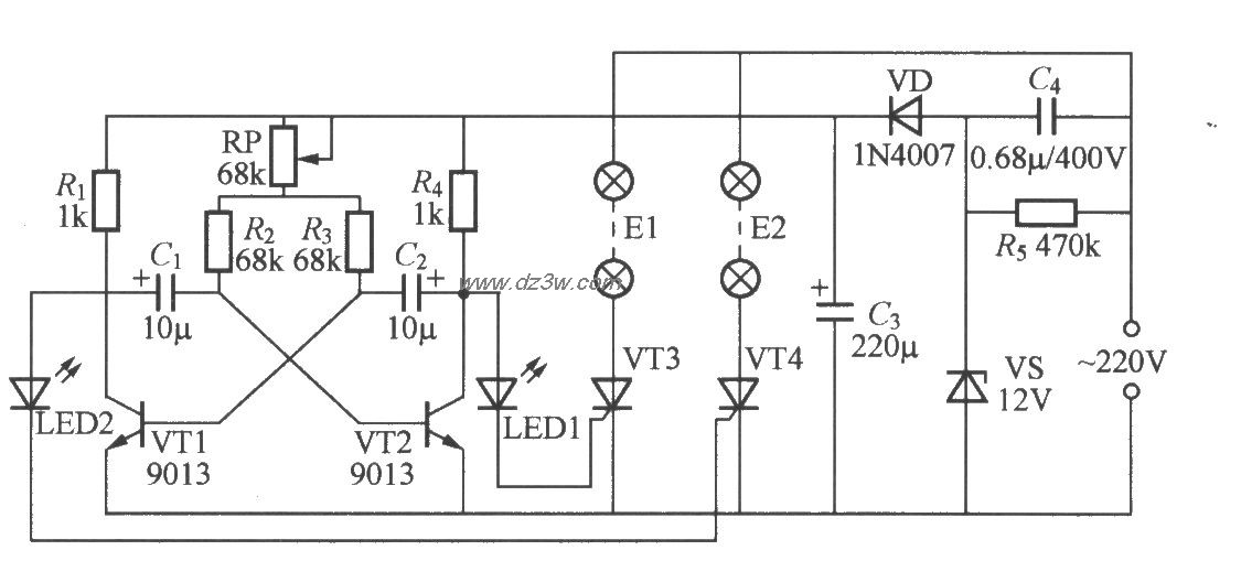 双路闪烁灯串电路(2)电路图