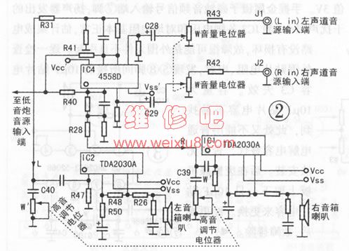 TDA2030与4558组成的音箱电路图