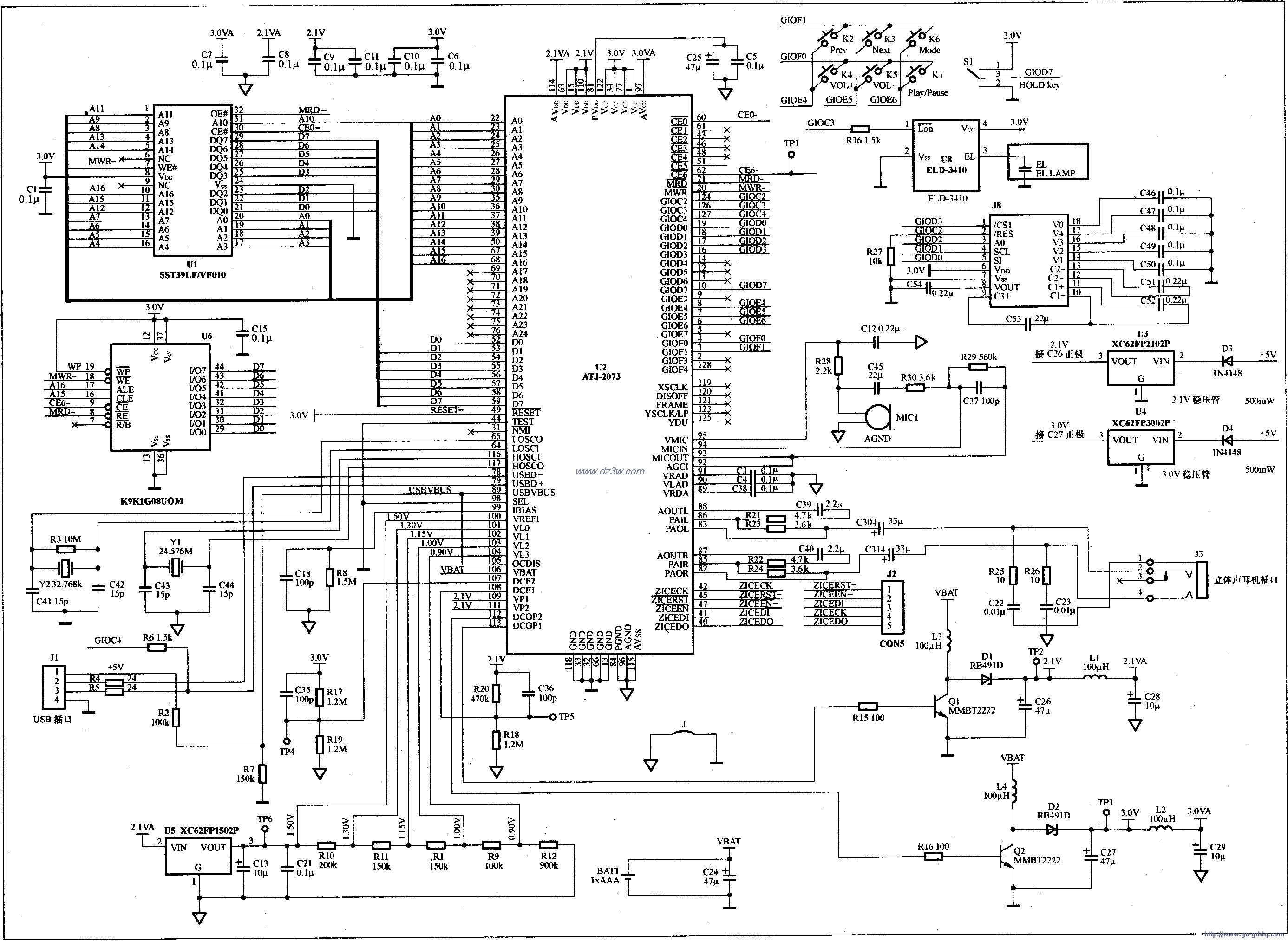 采用ATJ2097主芯片的MP3电路图
