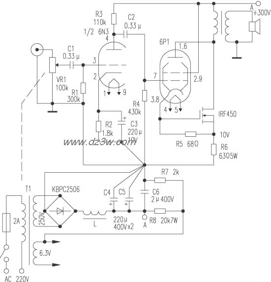 １８Ｗ胆场输出甲类功放电路图