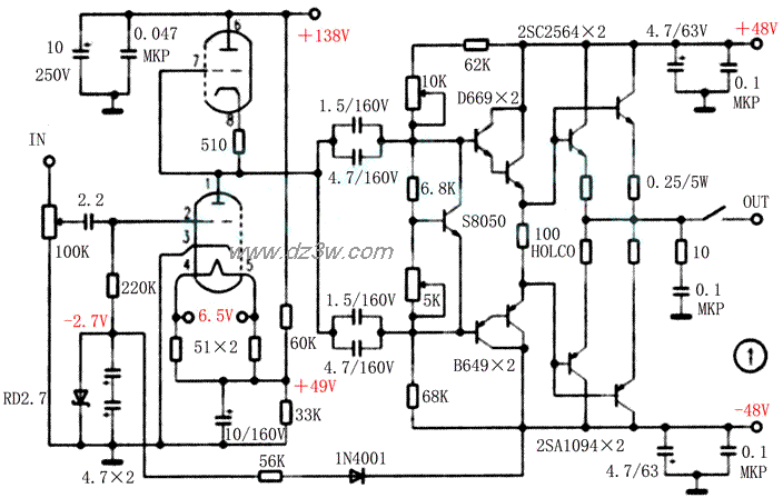 使用开关电源的胆石混合电路图