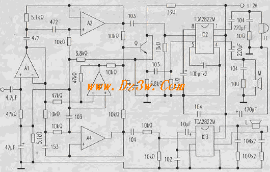 自制TDA2822与LT074组成电路图
