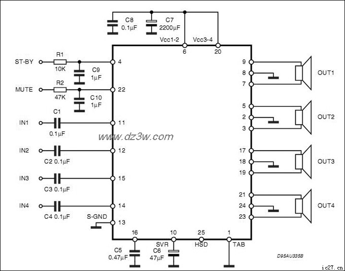 用TDA7388的汽车专用4声电路图