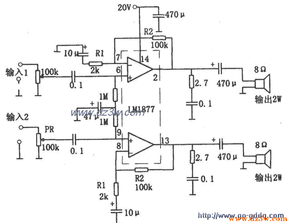 LM1877组成的2W×2功率放电路图