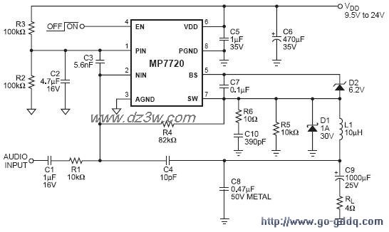 MP7720 D类立体声功放电电路图