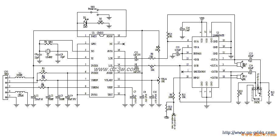 USB接口双2.5W多媒体功放电路图