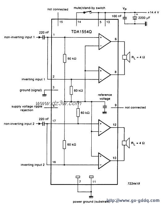 TDA1554Q双声道功放电路电路图