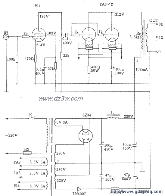 电子管单端A类2A3并联功电路图
