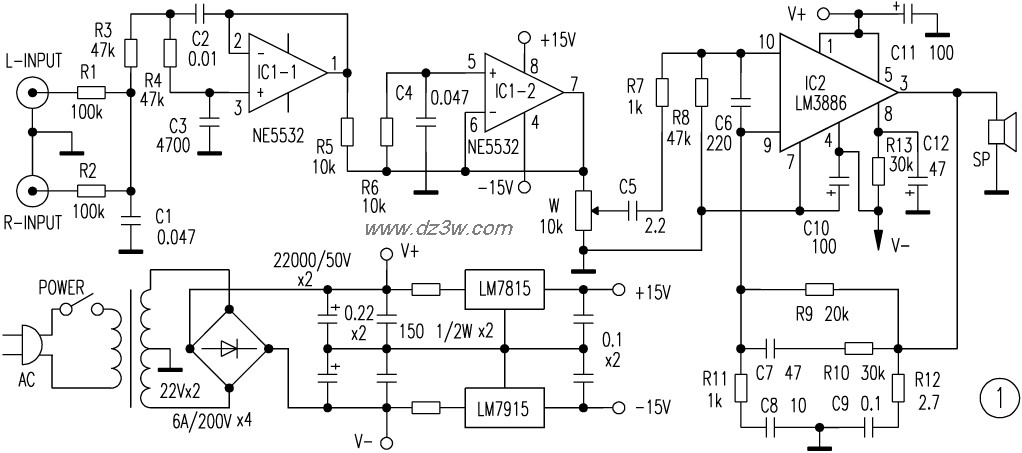 用LM3886做的功放电路电路图