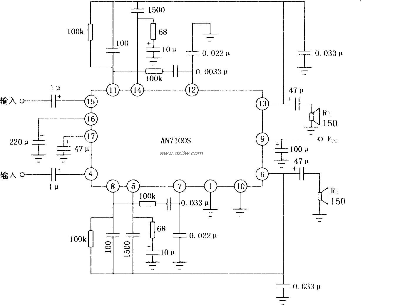 AN7100S双声道音频功率放电路图