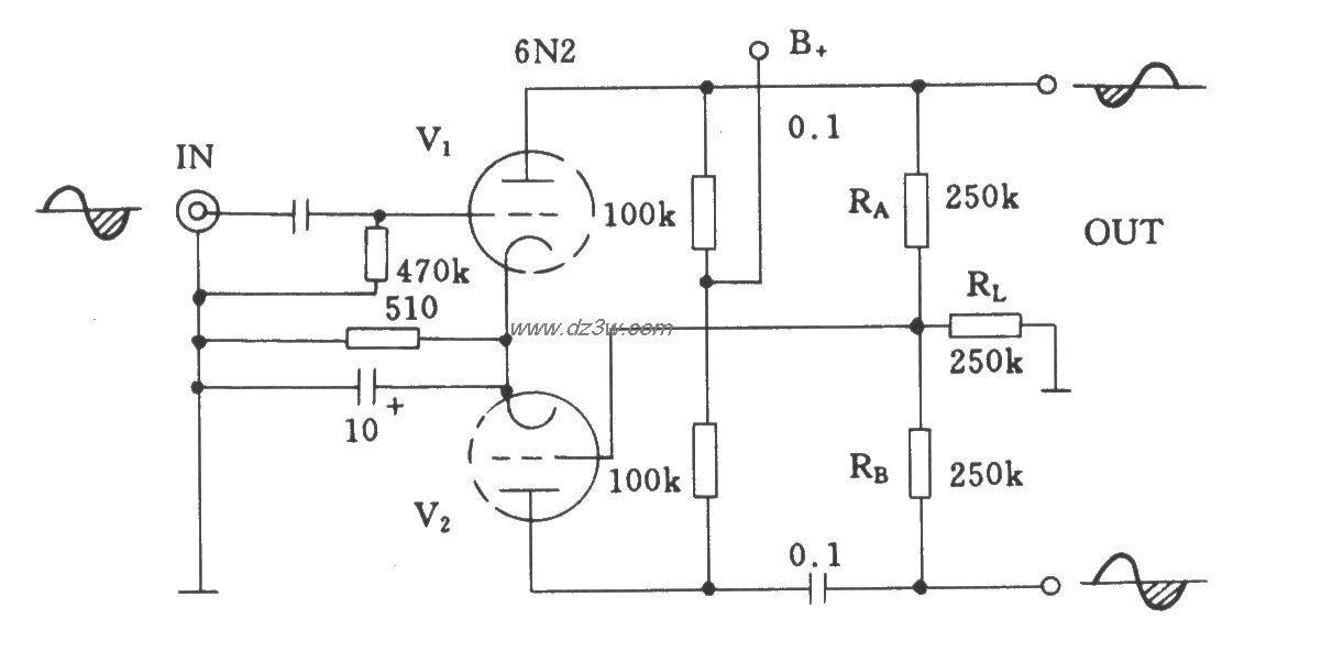 电子管6N2共屏极负载式倒电路图