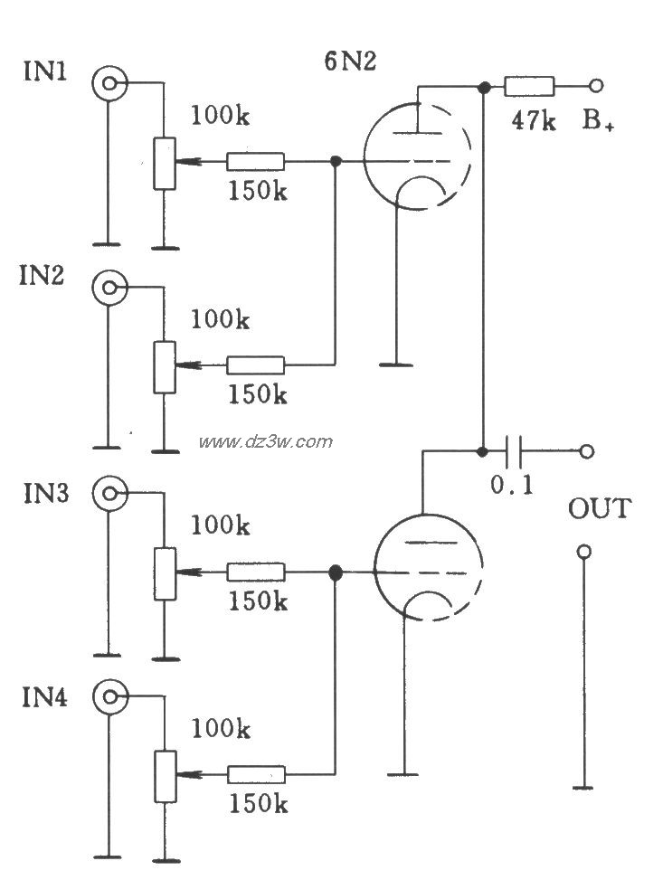 电阻耦合式电子管音频混电路图