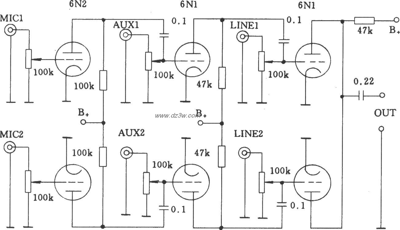 电子管多路音频输入混频电路图
