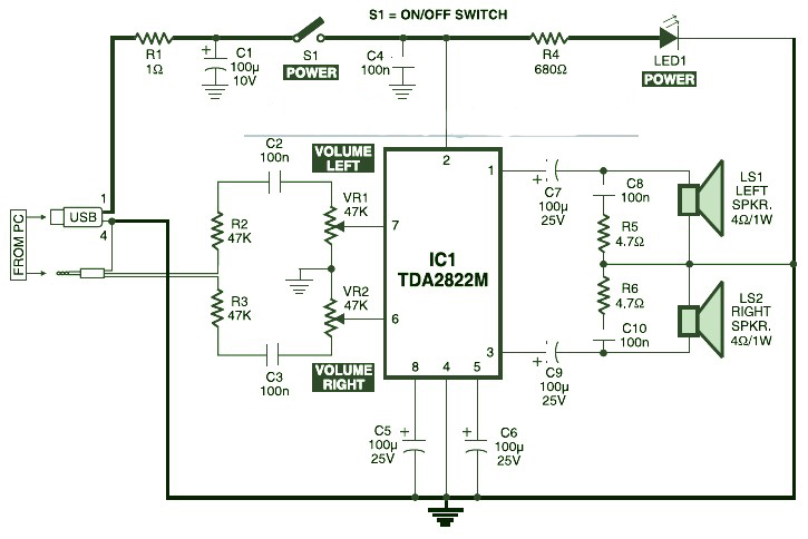 USB供电的电脑音箱的电路电路图