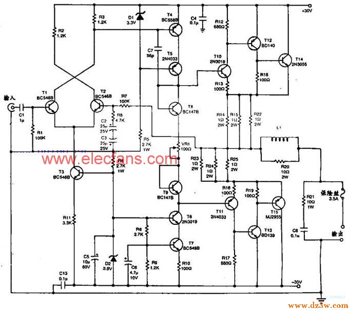 晶体管组成的40W音响功电路图
